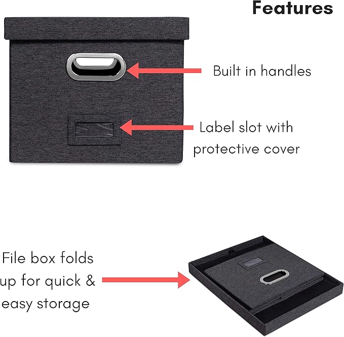 Internet's Best Collapsible File Storage Organizer with Lid - Decorative Linen Filing & Storage Office Box – Hanging Letter/Legal Folder – Home Office Bins Cabinet – Charcoal Container - 6 Pack