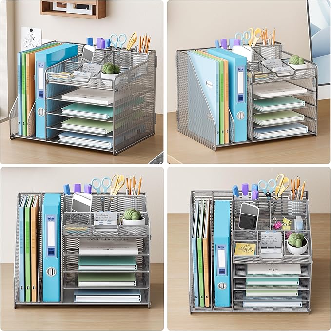 Lavatino 5-Tier Metal Mesh Desk Organizer with 2 File Holders & 7 Customizable Compartments | Paper Letter Tray for Office or Home Desk Storage | Keep Workspace Supplies Neat & Organized, Silver