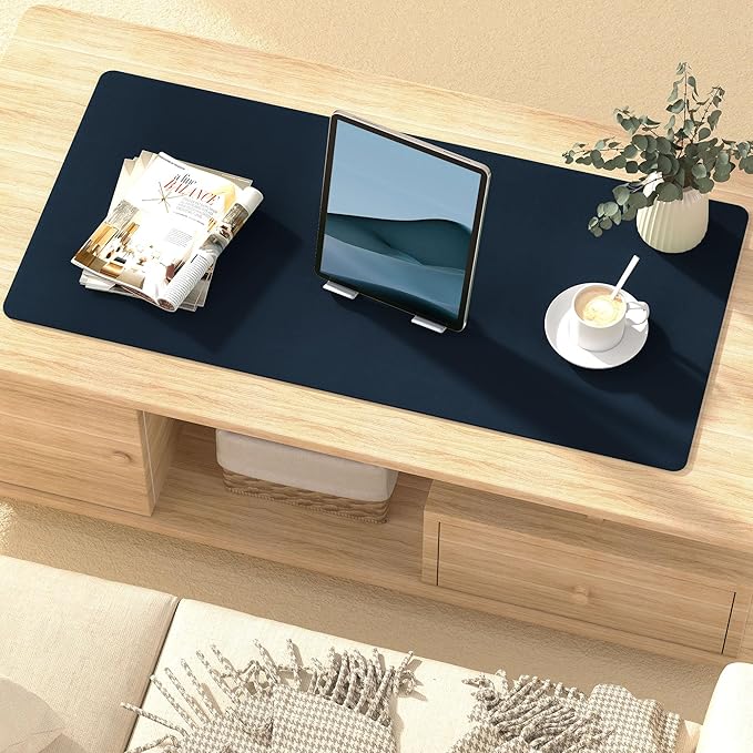 Mouse Pad Desk Protector Mat, Large PU Leather Office Desk Mat, Non-Slip Desk Pad for Keyboard and Mouse, Waterproof Desk Blotter Pad for Writing, Wide & Smooth Laptop Desk Pads, Navy (17’’X36’’)