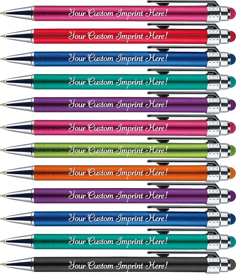 Personalized Pens with Stylus Tip -Bright Vibes- Click action - Custom - Black writing - Printed Name pens - Imprinted with Your Logo or Message - FREE PERSONALIZATION - 12 Pens/Box (Pink)