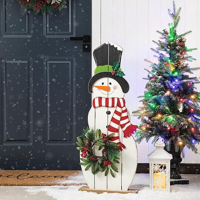 Glitzhome 36" H Wood Metal Christmas Snowman Porch Décor with Floral Wreath Standing Snowman Merry Christmas Porch Welcome Sign Holiday Party Outdoor Indoor Xmas Decorations