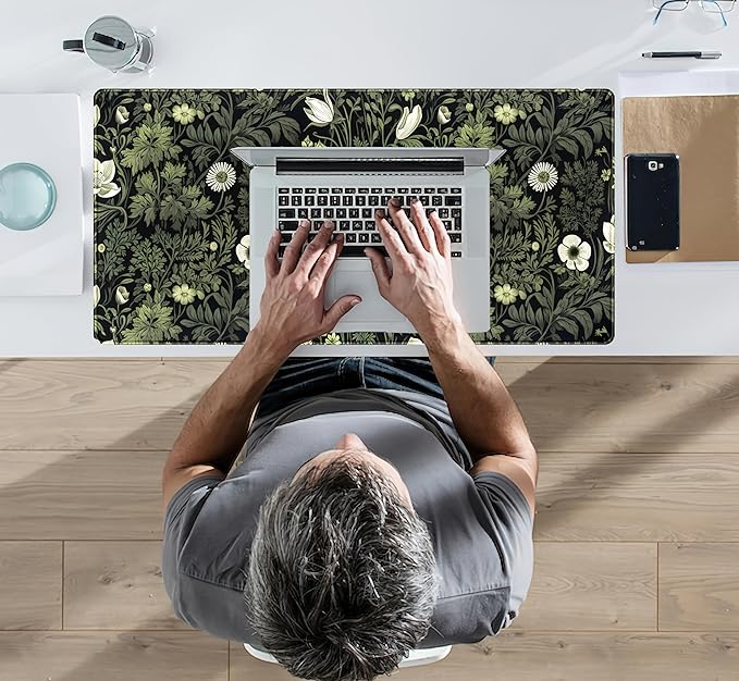 Dark Green Floral Plants XXL Gaming Mousepad & Desk Pad - Nature Leaf Flower Laptop Keyboard Mat 31.5 x 15.75