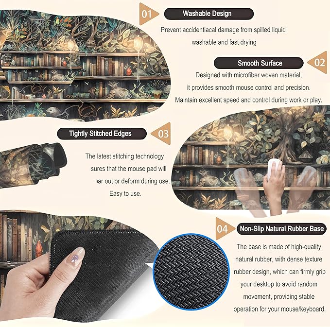 Kawaii Green Tree Desk Mat Cute Mouse Pad Anime Forest Library Book Mousepad XL Large Extended Gaming Desk Matt for Desktop, Keyboard and Mouse Mat for Women Office Decor Accessories 31.5x11.8 in