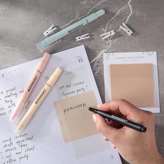 DiverseBee 50 Sheets Pastel Transparent Sticky Notes, 3x3” Clear Sticky Tabs, Translucent Page Flags Book Markers Stickers, Planner Accessories, Bible Journaling Study Office School Supplies (Almond)