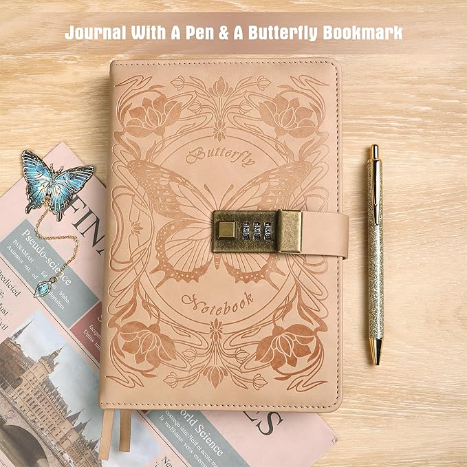 TIEFOSSI Diary with Lock for Women Girls, Lined Locked Journal, Butterfly Journal Notebook with Pen and Bookmark, A5 Refillable Locking Journals for Writing, 224 Numbered Pages