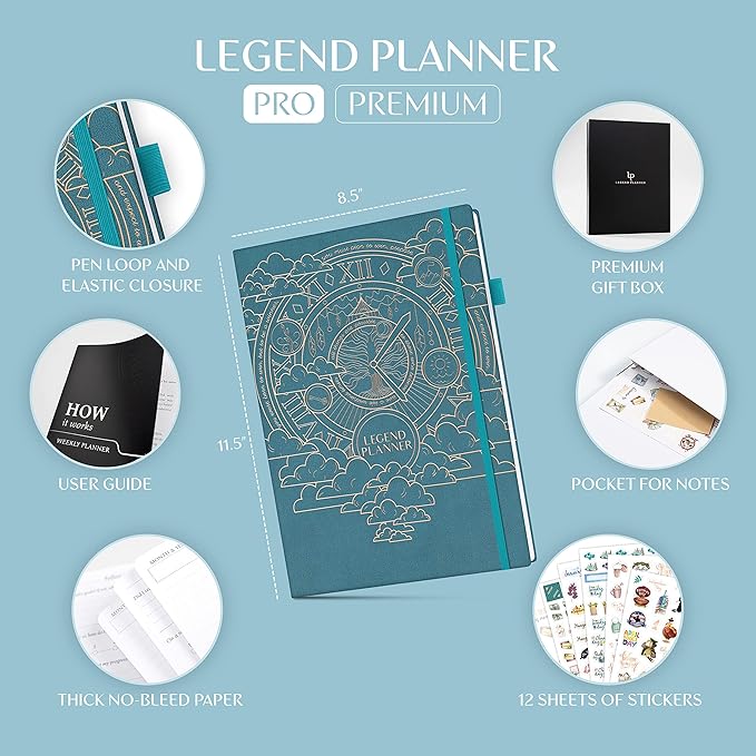 Legend Planner PRO Premium – Large Undated Weekly, Monthly & Budget Planner with Habit Tracker – Life Organizer for Time & Task Management, Goal Setting & Productivity – A4 size (Dark Teal)
