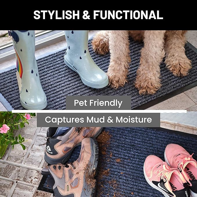 Sierra Concepts Front Door Mat Welcome Mats 2-Pack - Indoor Outdoor Entryway Mats for Shoe Scraper, Ideal for Inside Outside Home High Traffic Area, Battleship Gray 30 Inch x 17 Inch