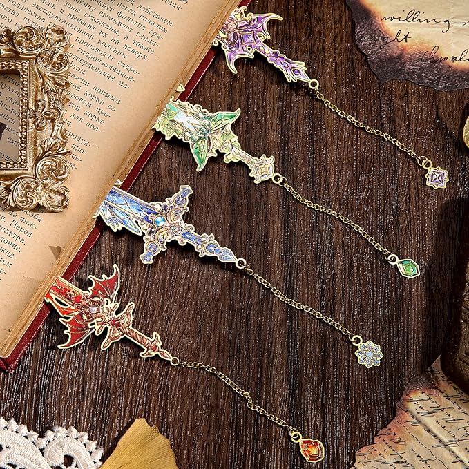4pcs Fantasy Sword Bookmarks for Books, Journals, Planners - Cool Metal Book Markers for Reading Women & Men, Unique Book Marks Gifts for Book Lovers, Reading Accessories for Students & Adults & Kids