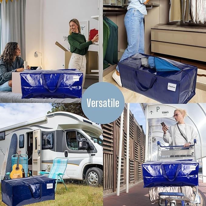 VENO 8 Pack Moving Bags w/Backpack Straps, Heavy Duty, Moving Boxes Alternative, Packing Supplies, Large Storage Totes for Dorm Room Essentials with Zipper for Clothes (Blue, 8 Pack)