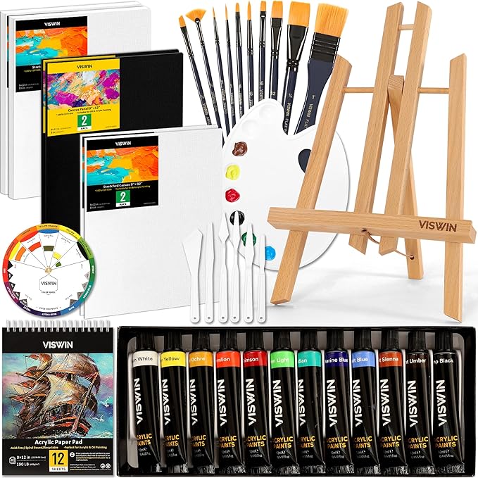 VISWIN 51 Pcs Acrylic Paint Set with Tabletop Easel, Painting Kit with 12 Acrylic Paints, Canvases, Brushes, Palette, Paper Pad, Art Supplies, Ideal Gift for Adults, Kids, Artists, Students
