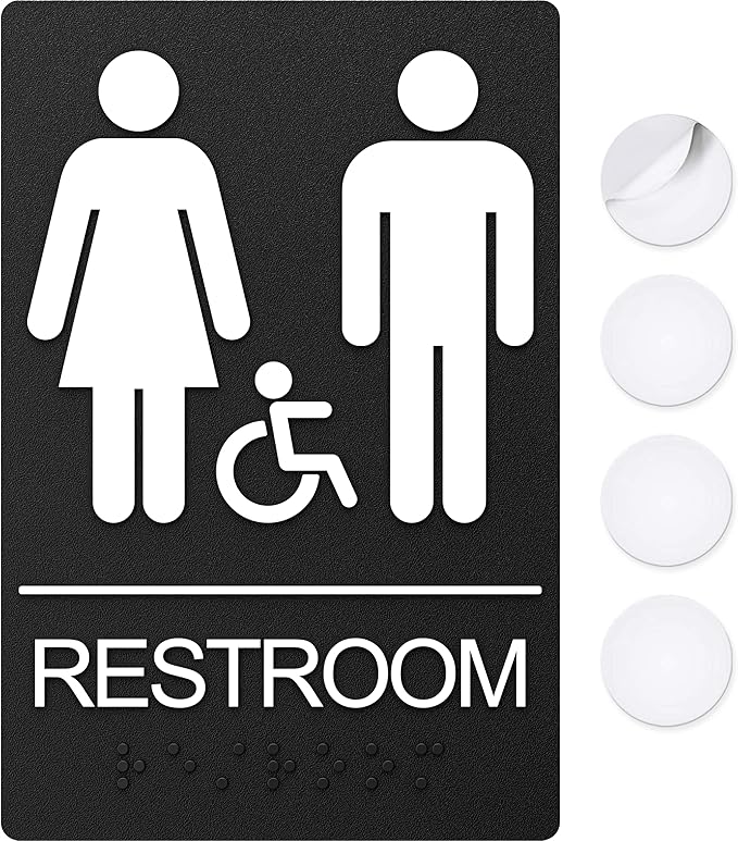 Unisex Bathroom Signs, Restroom Sign For Business - For Unisex Men and Women - 9" by 6" - ADA Compliant with Braille and Handicap Symbol - Strong Double-Sided Adhesives Included - Apply to Door or Wall