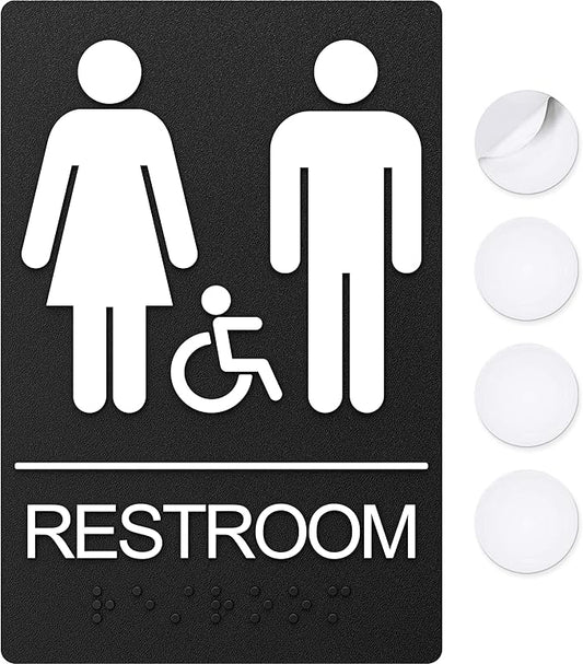 Unisex Bathroom Signs, Restroom Sign For Business - For Unisex Men and Women - 9" by 6" - ADA Compliant with Braille and Handicap Symbol - Strong Double-Sided Adhesives Included - Apply to Door or Wall