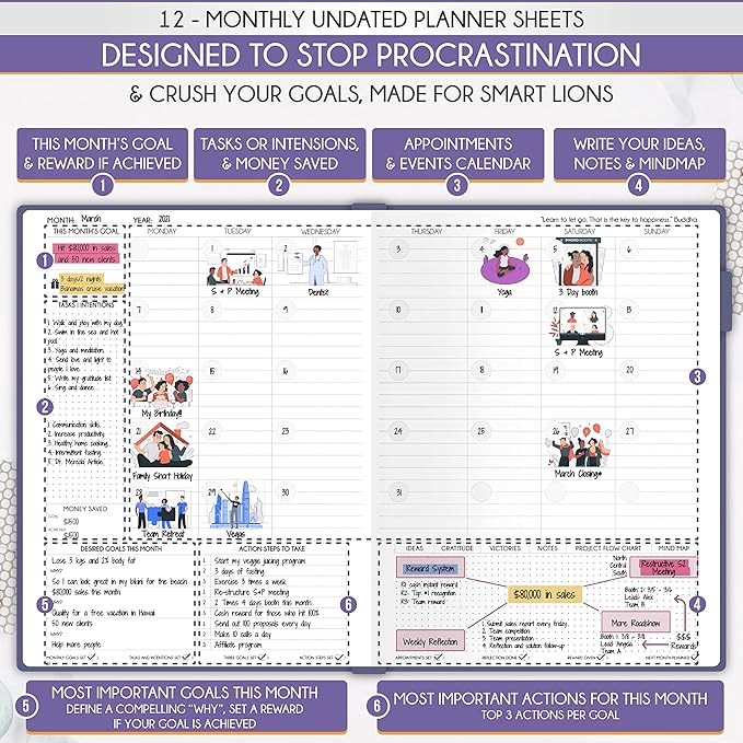 Life Planner - Undated Daily, Weekly & Monthly Planner with Budget Section | A 12 Month Journey to Increase Productivity & Happiness | Life Organizer & Gratitude Journal - Horizontal Format