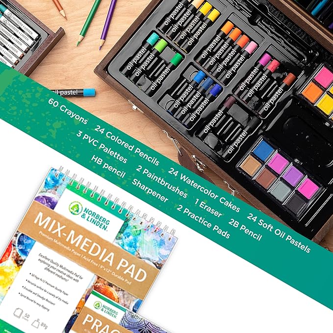 Norberg & Linden 144-Piece Art Set in Wooden Box with Drawer - Art Set for Adults, Teens, Kids - Premium Art Supplies - Includes Watercolors, Oil Pastels, Crayons, & More