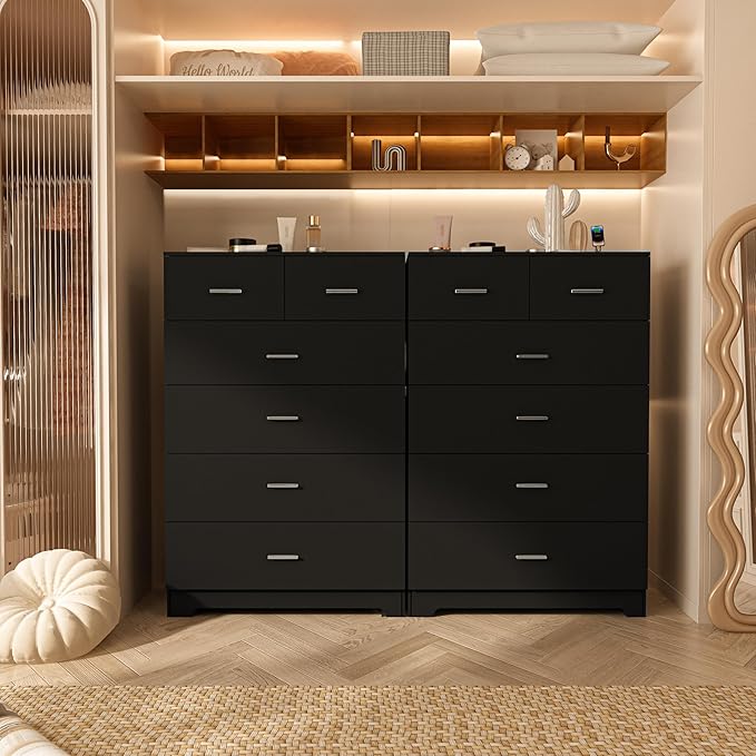 Dresser with Power Outlets Wooden 6 Drawer Dresser with Large Organizer Black Tall Storage Organizer with Smooth Metal Rail Modern Chest of Drawers Closet for Bedroom Hallway