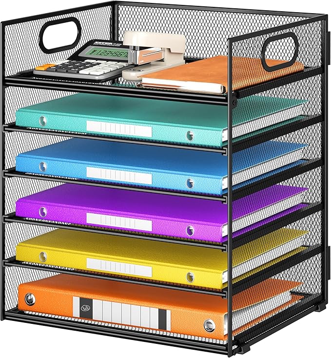6 Tray Paper Organizer Letter Tray with Handle - Mesh Desk File Organizer, Paper Sorter Organizer for Office, Home or School File Folder Holder -Black