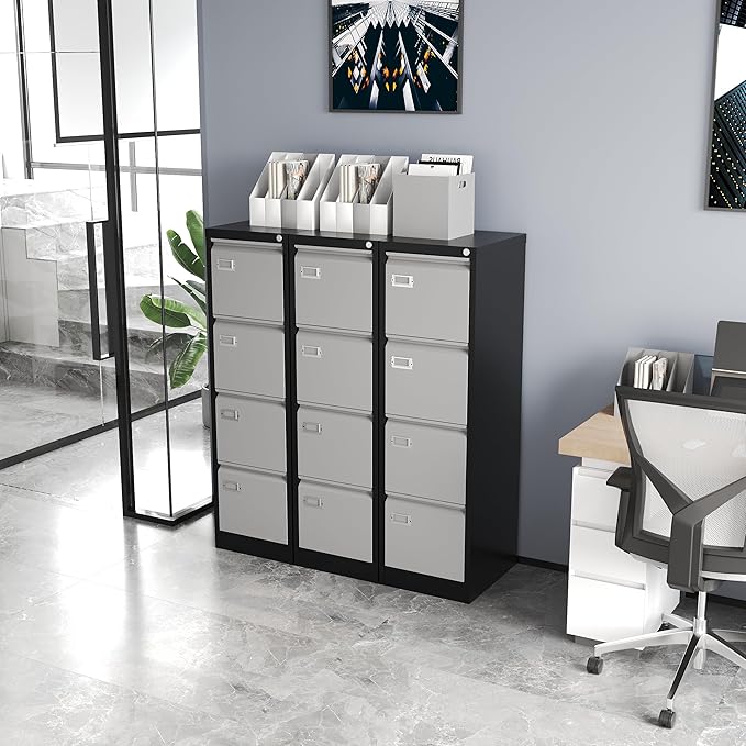 File Cabinets - 4 Drawers Vertical 17.8" Deep Lockable Filing Cabinet - Black & Gray Metal Storage Cabinets for Home Office to Hanging Files Letter/Legal/F4/A4 Size