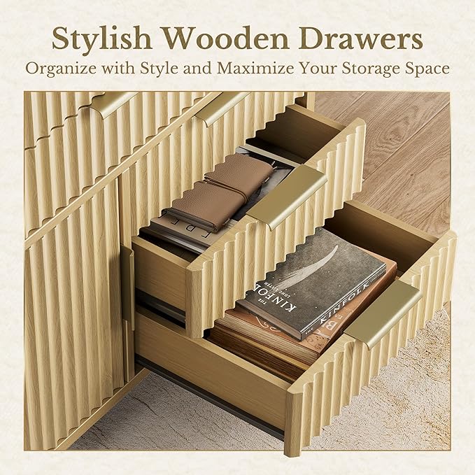 Fluted File Cabinet with 5 Drawers, Large Storage with Cabinet Door, Mobile Filing Cabinet with Locable Wheels for Home Office, Light Walnut