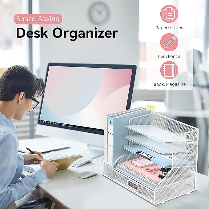 SUPEASY Desk Organizer with File Holder, 5-Tier Mesh Paper Letter Tray and 3 Tilted File Sorter for Office Supplies, White