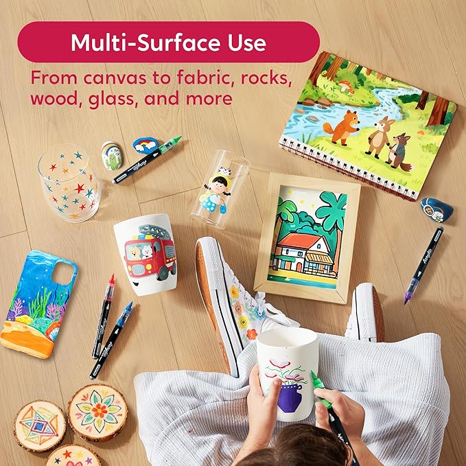 SYNCFUN 24 PCS Acrylic Paint Markers, Brush Tip Markers, Waterproof Paint Coloring Pens for Drawing, Art Supplies & Kids DIY Craft, Fabric, Canvas, Rock Painting, Wood, Glass, Ceramic, Metal