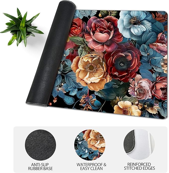 31.5”x11.8”Large Gaming Mouse Pad for Desk, Mouse Mat with Seamed Edges, Waterproof Desk Pad, Non-Slip Rubber Base, Keyboard Pad Computer Mat, Big XL Mousepad-Vintage Chic Rose Flowers