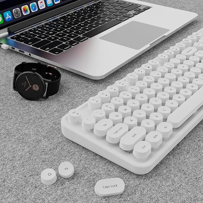 Wireless Keyboard and Mouse Combo, Ergonomic Full Size Typewriter Retro Round Keycaps Keyboard, Compatible with Windows, PC, Perfer for Home and Office Keyboards（White）