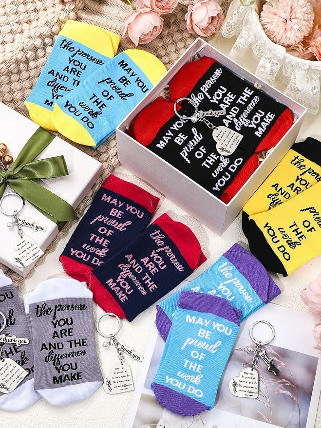 24 Pcs Employee Appreciation Gifts Thank You for All You Do Socks Stainless Steel Keychains for Staff Coworker Team