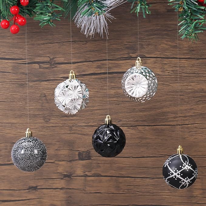 100ct Black and Silver Christmas Ornaments Set, Shatterproof Christmas Decorations for Tree Plastic Xmas Ball Ornaments with Assortment of Designs and Size for Holiday Party Decor (Black & Silver)
