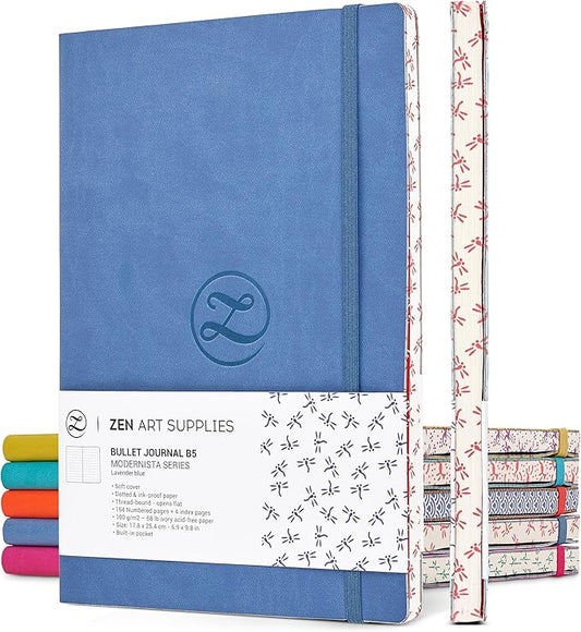 ZenART Supplies A5 Dotted Journal - Enjoy Bullet Journaling with a Soft Cover, Non-Bleed Thick 120gsm Paper, Dot Journal in Blue, Japanese Edge Motif - Faux Leather Lay Flat Dot Grid Notebook