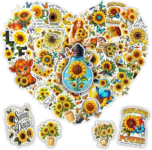 107 PCS Sunflower Stickers Pack, Floral Vinyl Waterproof Decals with Sunflowers Hummingbirds Butterflies, Gift for Kids Teens Adults Boys Girls Birthday Christmas Laptop Water Bottle Scrapbook