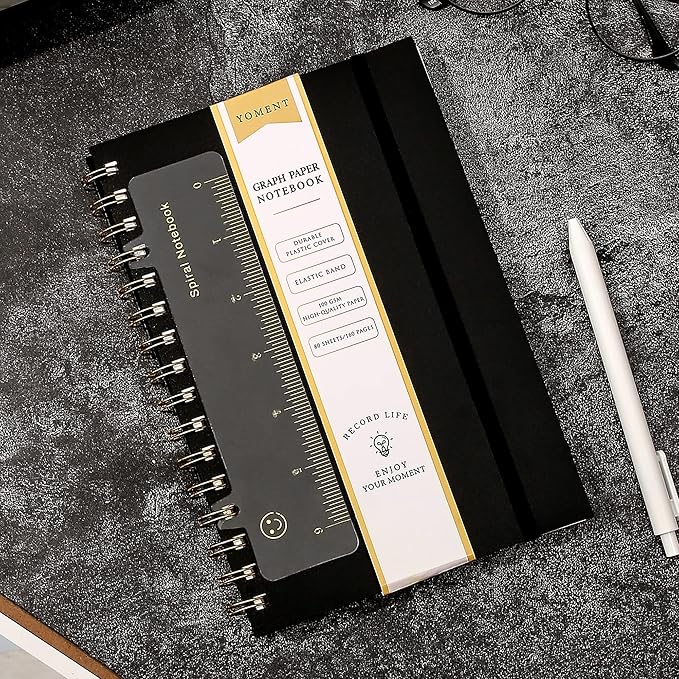 Yoment Graph Paper Spiral Notebook A5 Graphing Notebook 160 Pages Graph Paper Notebook Spiral Bound Waterproof Plastic Hardcover Spiral Journal 5x7 Grid Notebooks for Note Taking,Black