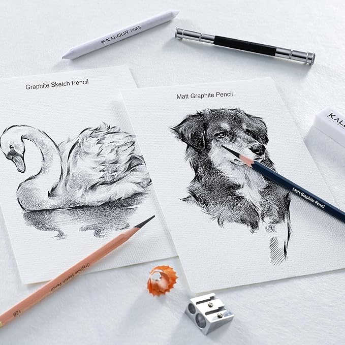 KALOUR 25-Piece Professional Sketch Pencil Set with Matte and Regular Pencils - Includes Vinyl Eraser, Kneaded Eraser, Sharpener, Pencil Extender and Blending Stump - Ideal for Artists and Beginners