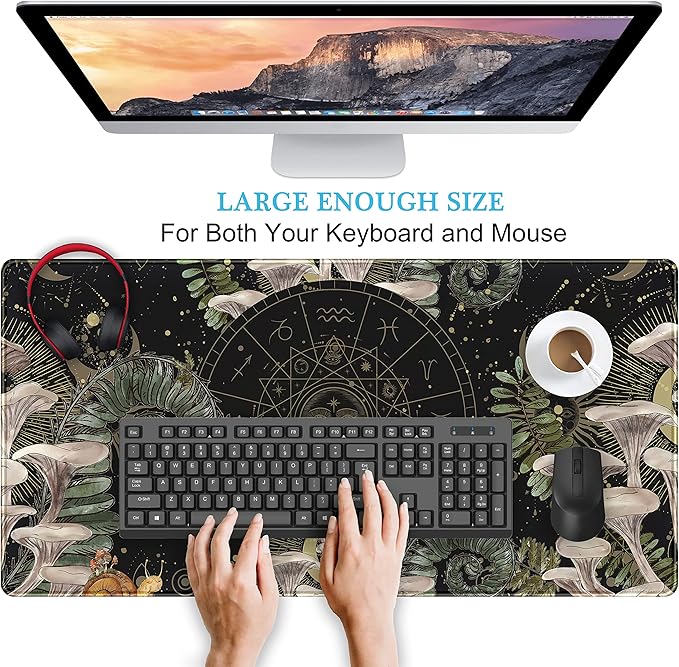 Moon Mushroom Gaming Desk Pad Cute Dark Tarot Mousemats Desk Mat, Forest Extended Large Anime Mouse Pad, Gamer Desk Decor Setup, Full Desk Mouse Keyboard Mat XXL, Laptop Desk Pad 31.5"x15.75"