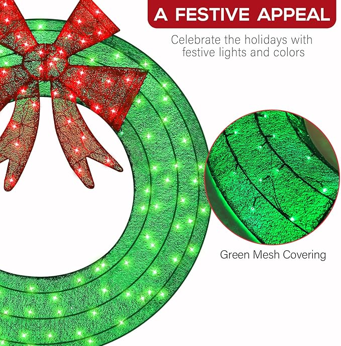 Hykolity 60 in. 3D Lighted Outdoor Christmas Wreath with 210 LED Lights & Red Bow, Christmas Holiday Yard Decoration for Garden, Porch - Green