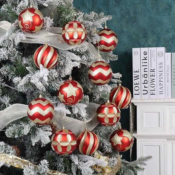 4 Inch Red Gold Christmas Ornaments, 12Pcs Large Shatterproof Christmas Bulbs Ornaments, Big Christmas Balls Hanging Decorations for Christmas Trees Holiday Parties Malls (Red & Gold)