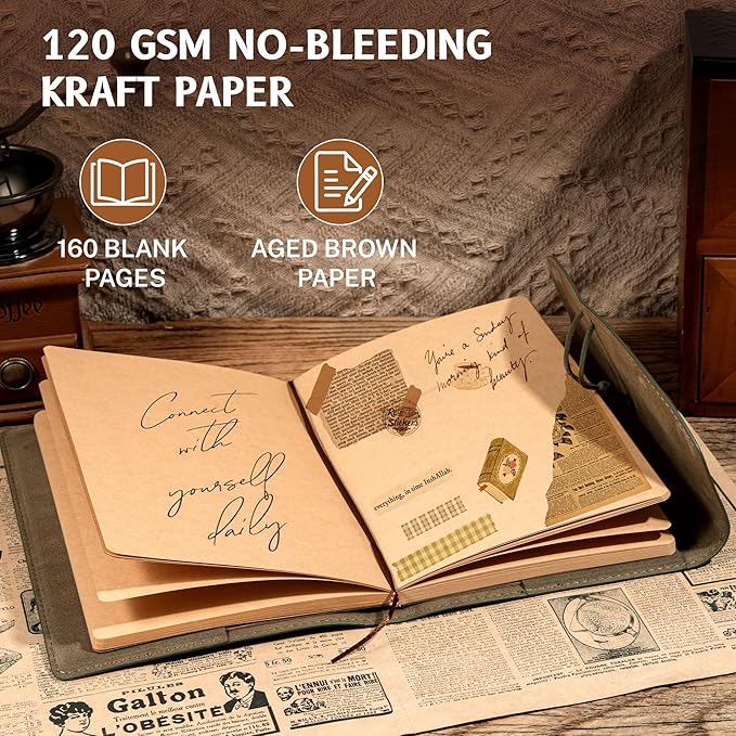 Vintage Leather Journal for Women Men, Junk Journal Notebook Soft Cover, Book of Shadows Journals for Travel Diary Scrapbook Sketchbook Journaling Writing, Green