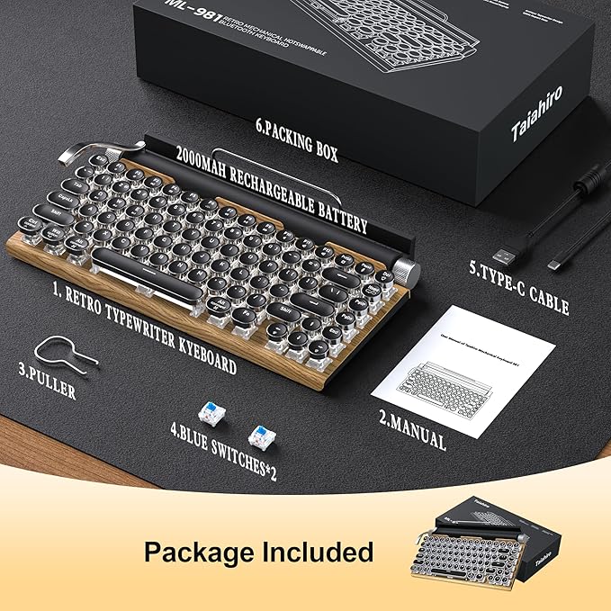 Retro Typewriter Wireless Mechanical Gaming Keyboard, Bluetooth 5.0 Office Computer Vintage Keyboards 83-Key Blue Switches Punk Round Keycap, LED Backlight, Compatible with PC/Laptop/Pad/Phone, Wood