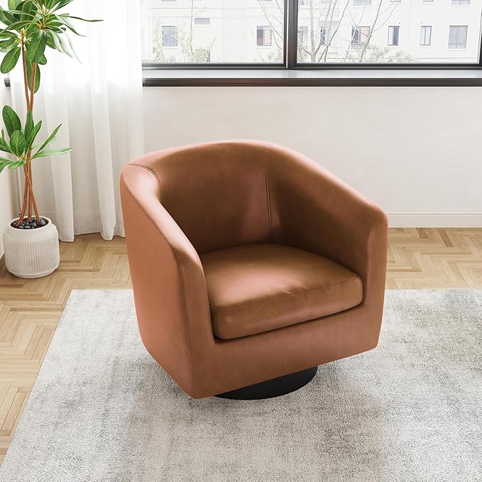 UIXE Faux Leather Swivel Accent Chair with Wood Base, Modern Upholstered Barrel Chairs for Living Room, Comfy Round Armchair Single Sofa Bedroom Reading Seat - 31" W, Brown