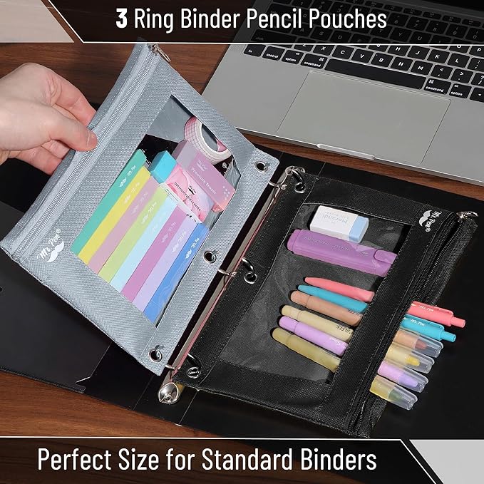 Mr. Pen- Pencil Pouch for 3 Ring Binder, 2 Pack, Black and Gray, 3 Ring Binder Pencil Pouch