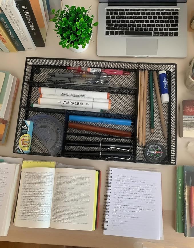 Desk Drawer Organizer Metal Mesh Drawer Organizer Tray for Office School or Home Supplies Desktop Storage Stationery，6 Compartments, 12.6 x 8.27 x 1.57 inch，Black (1pc pack)