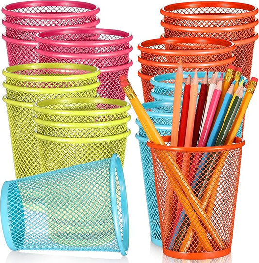 Colarr 24 Pcs Mesh Pencil Holder, Colored Metal Pen Holder Metal Pen Cup Desk Organizer Cups Makeup Brush Holders for Desk Home School Office, 4 Colors