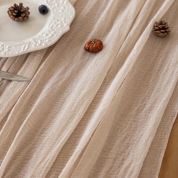 3Pcs Beige Gauze Rustic Cheesecloth Table Runner 120 Inch 10 FT for Wedding Baby Shower Bridal Shower Birthday Engagement Garden Outdoor Party Long Sheer Boho Decorations