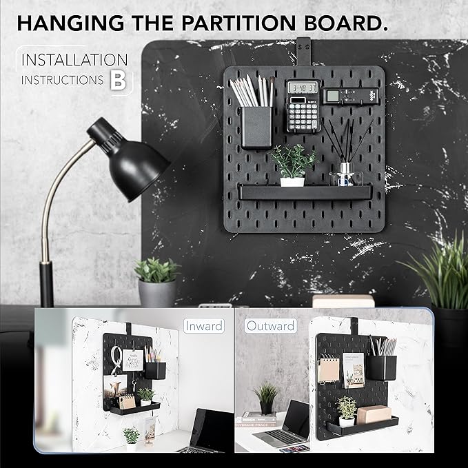 EHO Clamp-On Desk Pegboard, 13.5 x 14 inch Privacy Divider, Desk Partition Panel, No-Drill Desk Mounted Organizer, Combination Peg Board for Office, Gaming, Home, Plants, Black