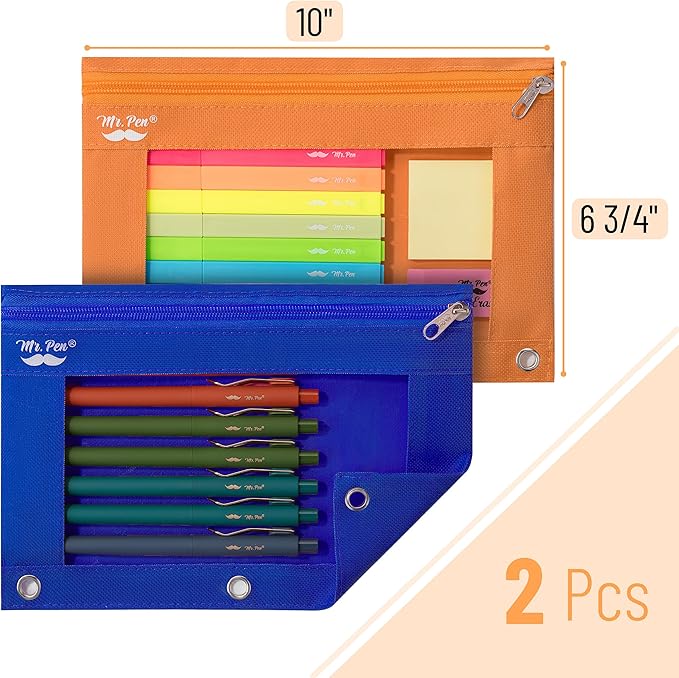 Mr. Pen - Pencil Pouch, Blue and Orange, 2 Fabric Pencil Pouches, Binder Pockets, Pencil Case, Binder Pouch, Pencil Bags, Pencil Pouch 3 Ring, Pencil Bags with Zipper, Zippered Pencil Pouch, Canvas