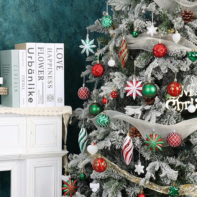 Red Green White Christmas Ornaments Set, 82Pcs Shatterproof Medium Christmas Ball Ornaments, Christmas Decorations Hanging Ornaments for Xmas Trees, Holiday, Party Decor (Red & Green & White)