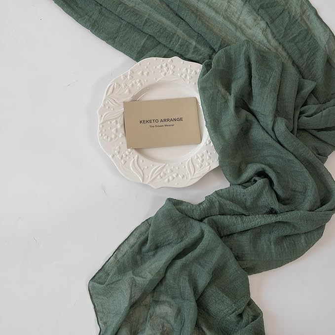 Forest Green Gauze Rustic Cheesecloth Table Runner 120 Inch 10 FT for Wedding Baby Shower Bridal Shower Birthday Engagement Garden Outdoor Party Long Sheer Boho Decorations