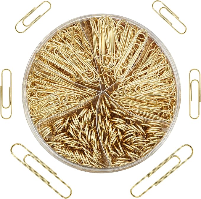 NEEWAY 500pcs Gold Paper Clips Assorted Sizes Small, Medium and Large Paperclips for Paperwork Ideal for Home, School and Office Use