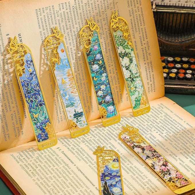 6 Pieces Metal Clip Bookmarks for Women, Golden Hollow Butterfly Bookmark Monet Oil Painting Theme Book Mark Birthday Funny Art Gifts for Book Lovers Writers Readers Children Teens Men