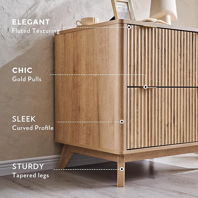 T4TREAM 2 Drawer File Cabinet, 30" Fluted Lateral File Cabinet w/Files Hanging Rod for Letter/Legal/A4, Large Tabletop for Printer, Office Wood Printer Cabinets, Natrual Oak