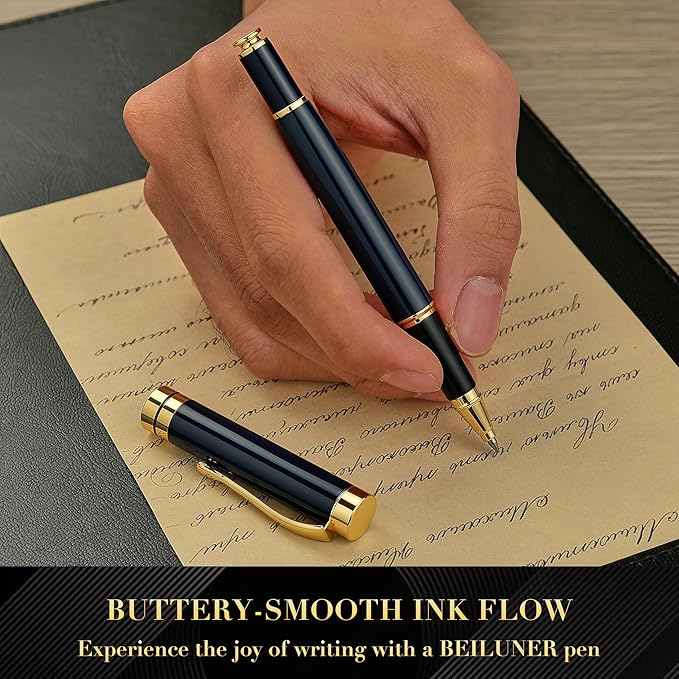 BEILUNER Ballpoint Pens, Stunning Blue Chrome Metal Pen with Golden Trim, Best Ball Pen Gift Set for Men & Women, Professional, Executive, Office,Fancy Pens-Gift Box with 0.5mm Black Extra Refill